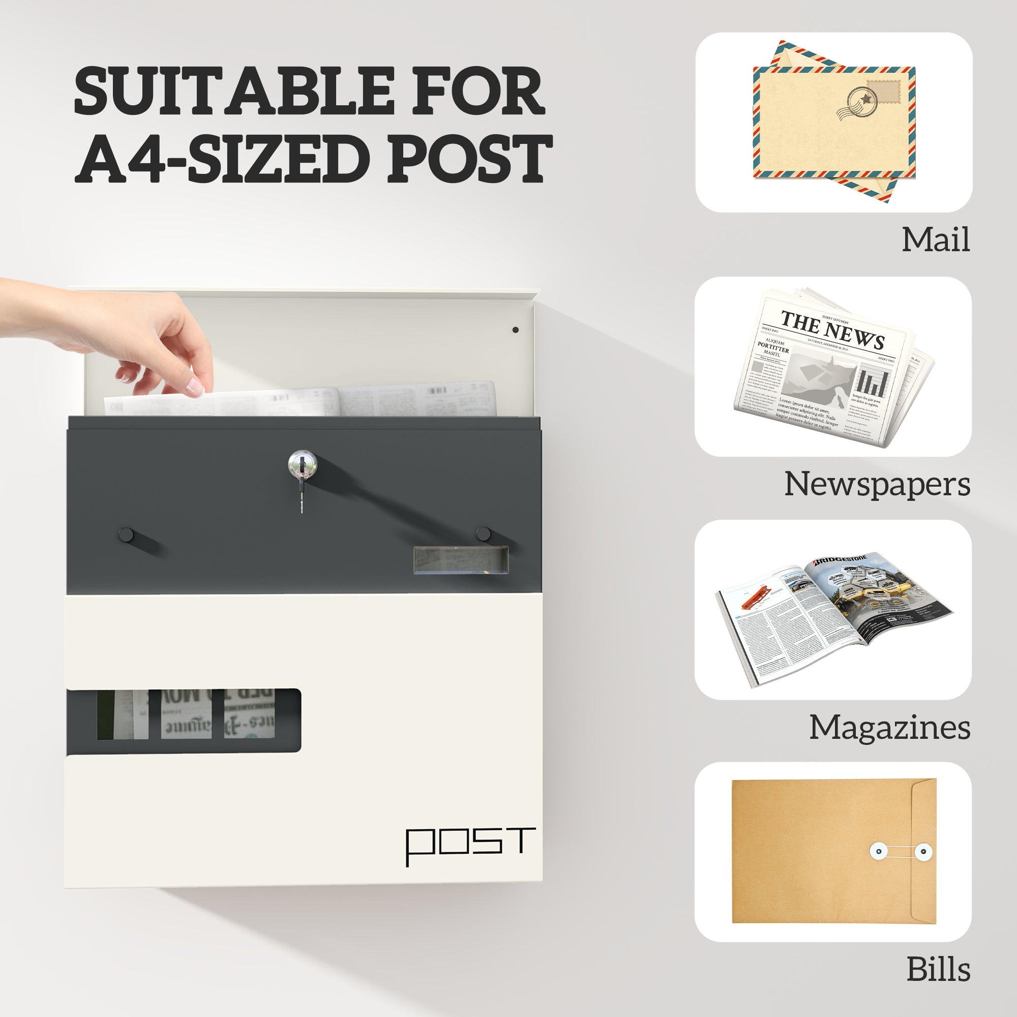 HOMCOM Locking Galvanised Steel Letterbox - White/Black