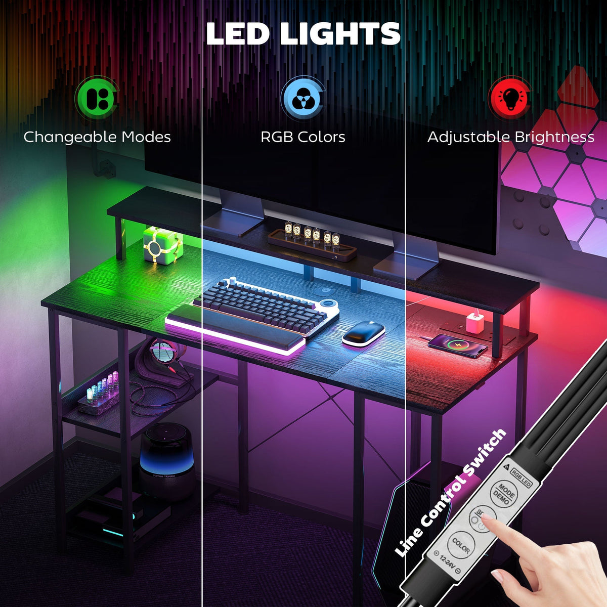HOMCOM LED Computer Desk, with Power Outlets and Shelves - Black - product image 5