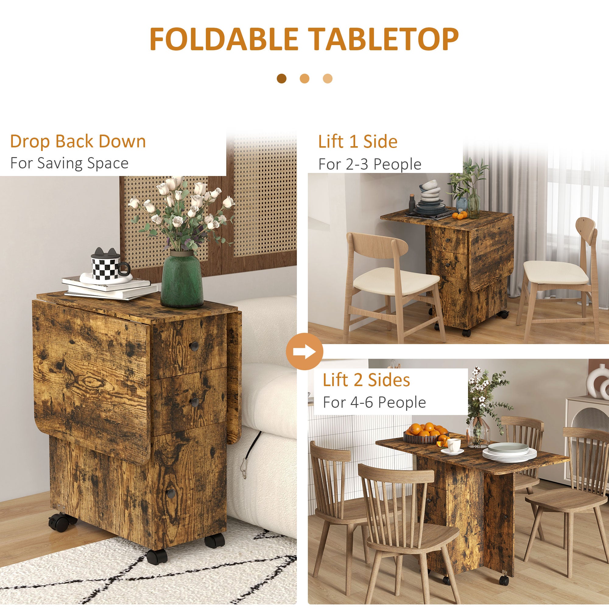HOMCOM Multi-Storage Six-Person Drop Leaf Dining Table - Rustic Brown