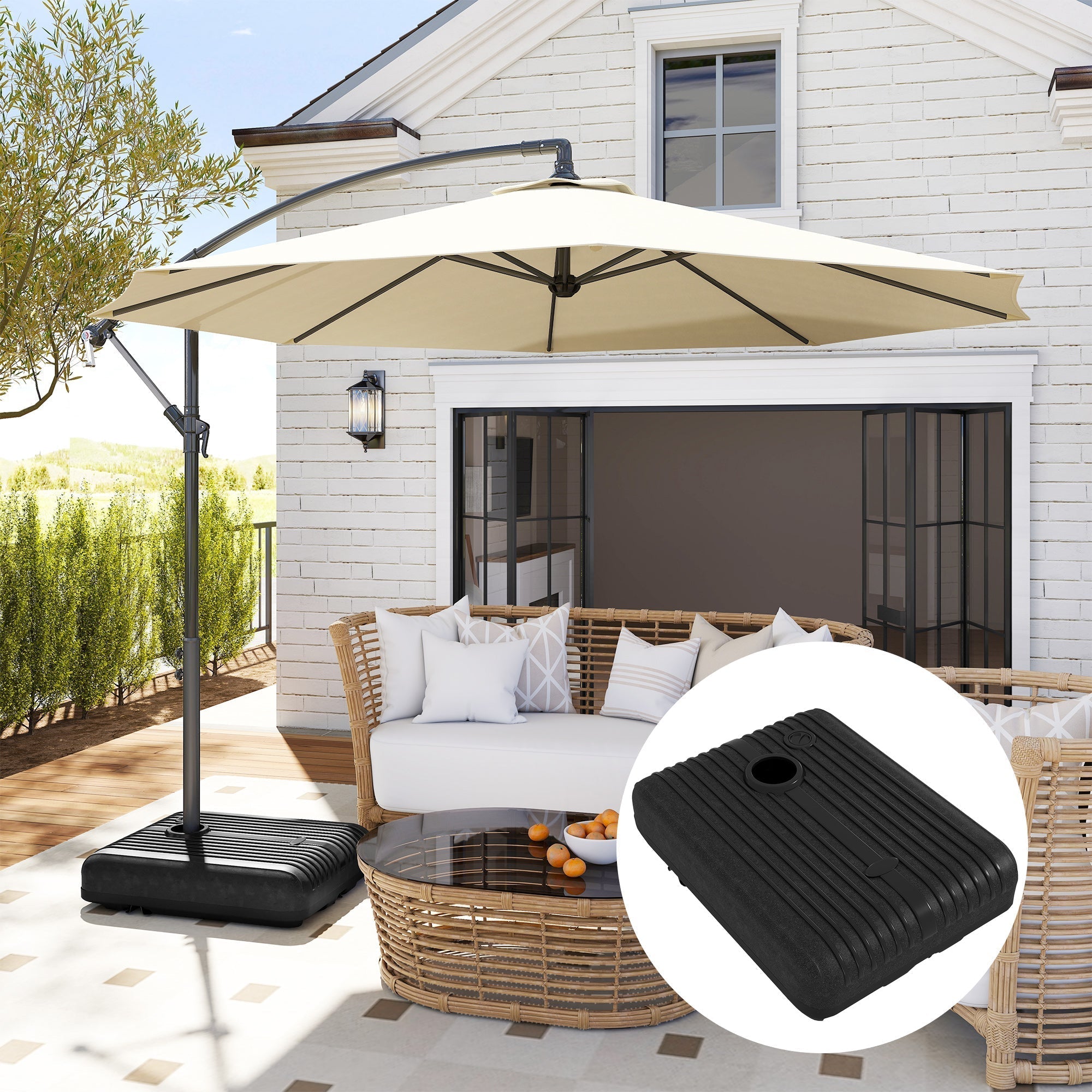 Outsunny Heavy Duty Parasol Base Plastic Umbrella Stand for Cantilever Banana Parasol with Wheels, Water and Sand Filled
