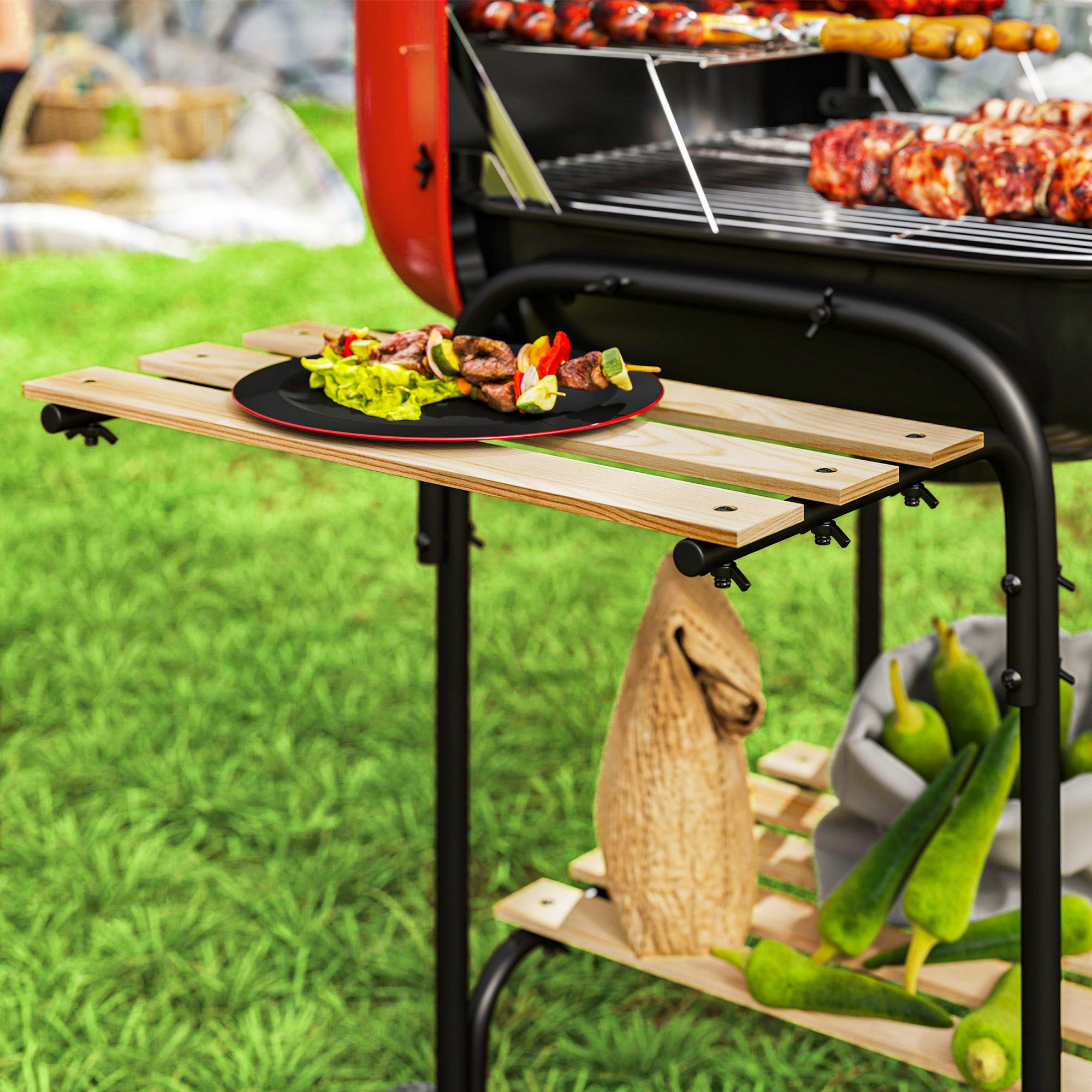 Outsunny Charcoal Barbecue Grill Portable BBQ Grill with 1840 cm√Ç¬≤ Cooking Area, 3 Shelves, Adjustable Vent, Lockable Lid, Wheels for Outdoor Cooking, Garden Party, Red