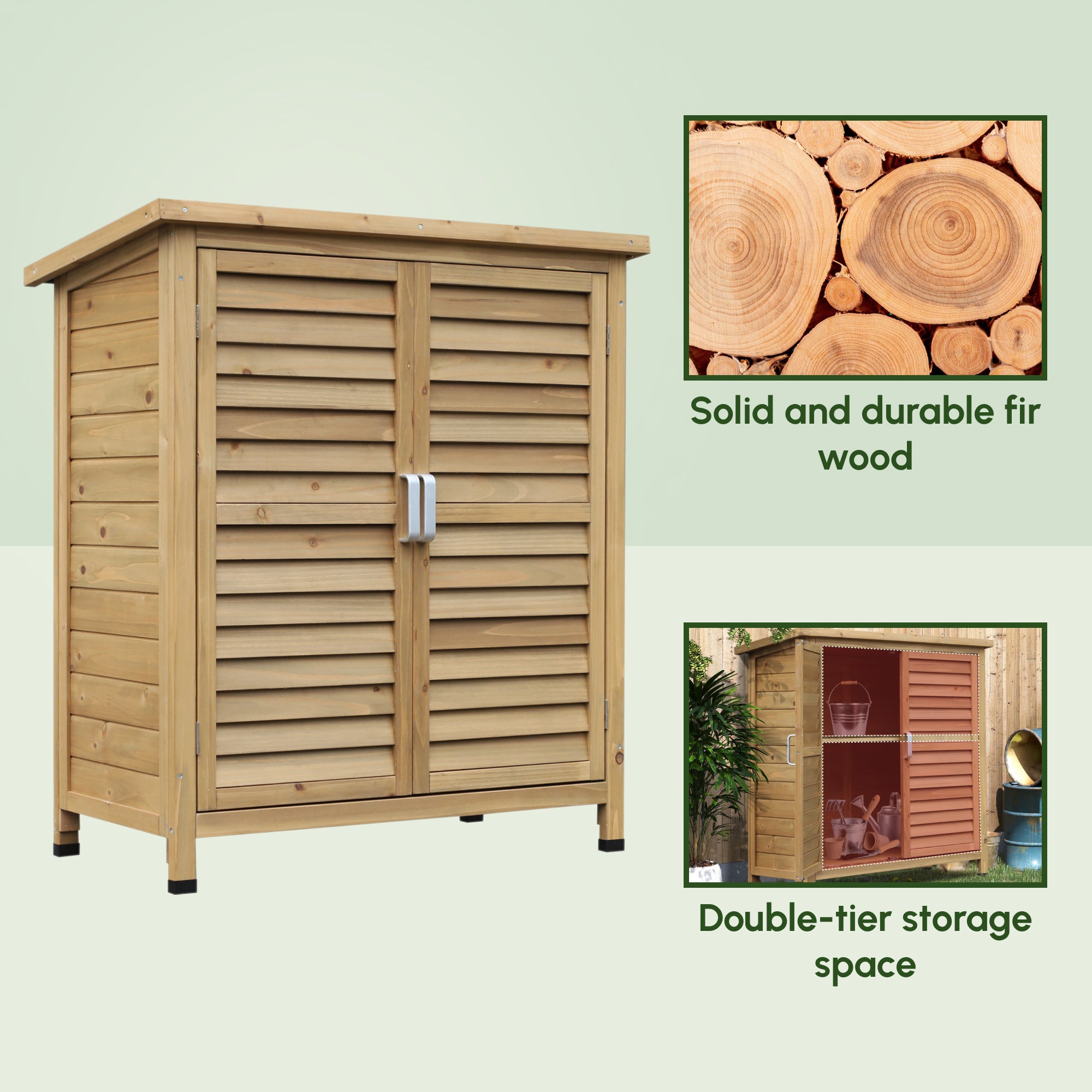Outsunny Garden Shed Wooden Garden Storage Shed 2 Door Unit Solid Fir Wood Garage Tool Organisation Cabinet, 87L x 46.5W x 96.5Hcm, Natural