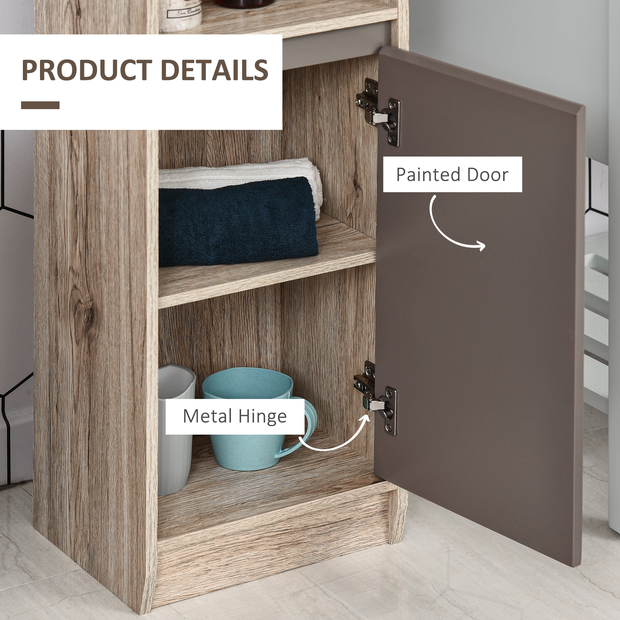 HOMCOM Narrow Bathroom Cabinet, Slim Bathroom Storage Unit with Open Compartment, Freestanding Storage Cupboard with Adjustable Shelves for Small Spaces, 30 x 24 x 170 cm, Grey and Oak