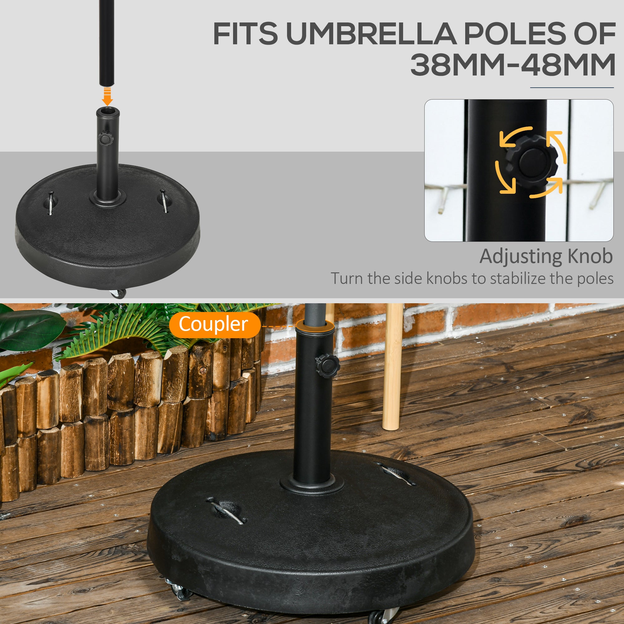 Outsunny 23.5kg Resin Garden Parasol Base with Wheels and Retractable Handles, Round Outdoor Market Umbrella Stand Weight for Poles of 38mm to 48mm, Black