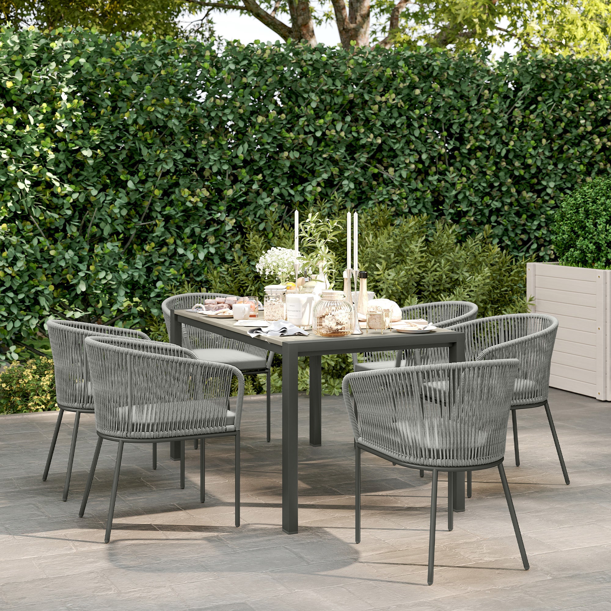 Outsunny Rattan Dining Set, 6 Seater Rattan Garden Furniture Set with Acacia Wood Top Rectangle Table, 6 Chairs, Washable Seat Cushions, for Outdoor, Patio, Conservatory, Grey