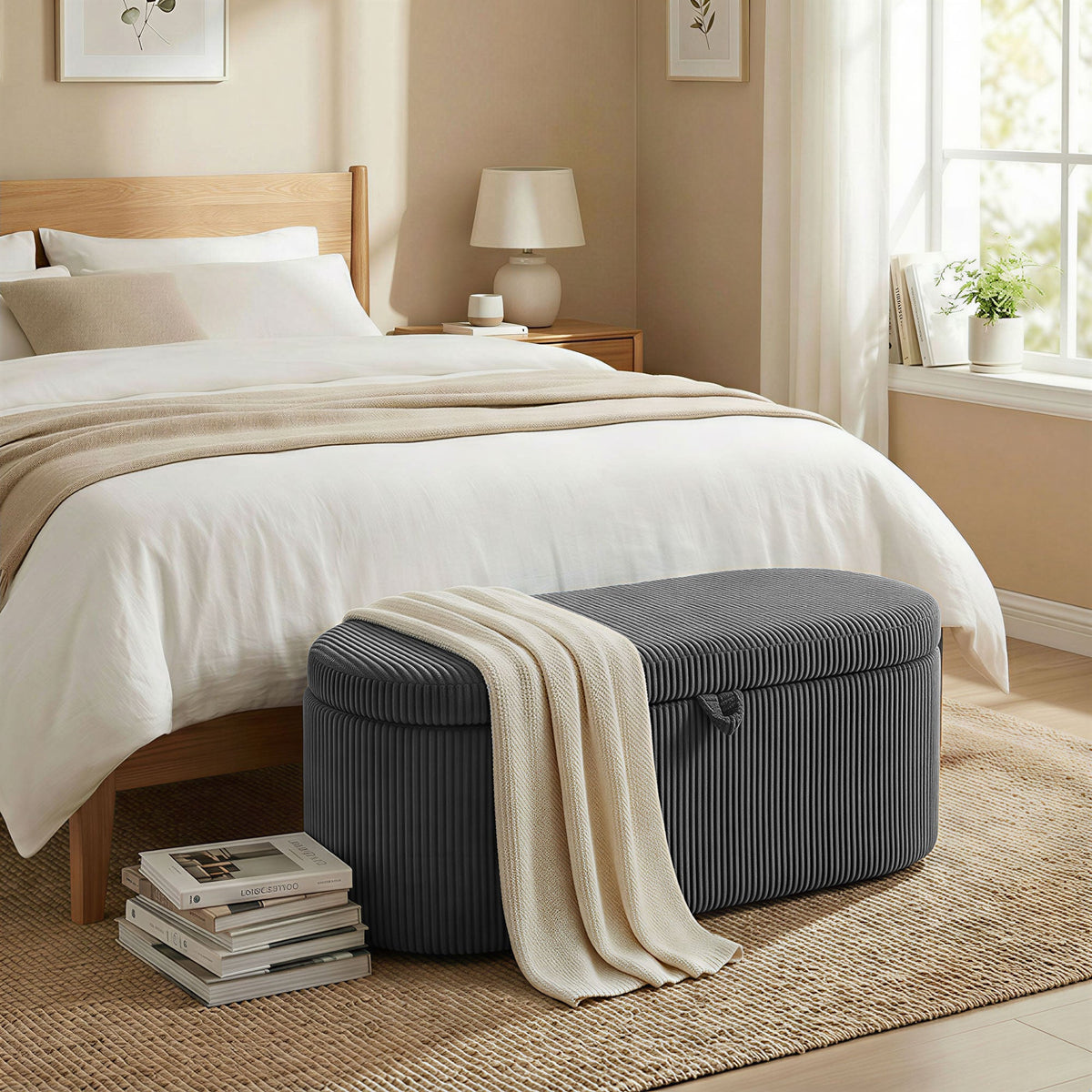 HOMCOM Storage Ottoman, Corduroy Upholstered Ottoman Storage Box with Padded Seat, 105 x 51 x 49 cm, Dark Grey