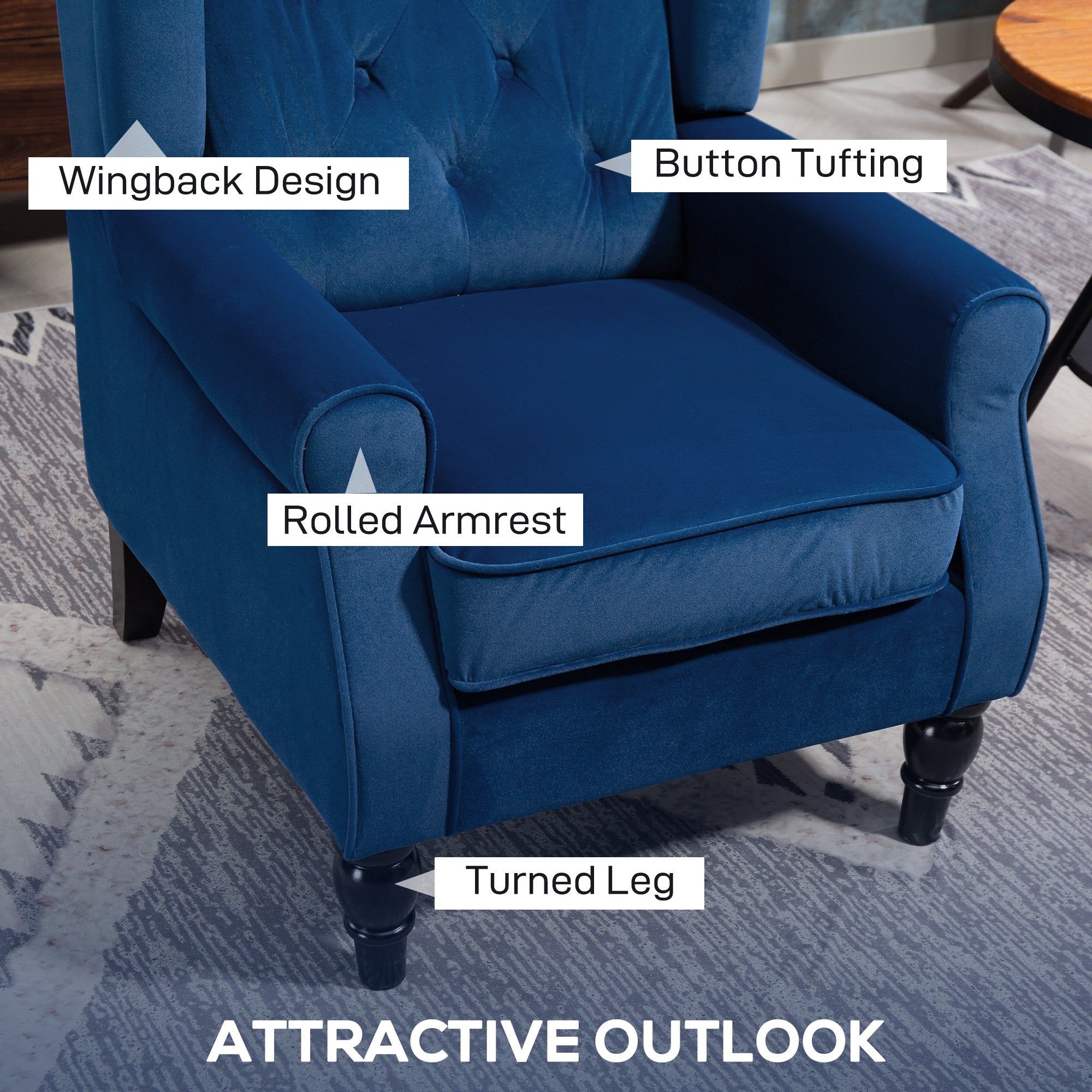 HOMCOM Wingback Accent Chair, Retro Upholstered Button Tufted Occasional Chair for Living Room and Bedroom, Blue