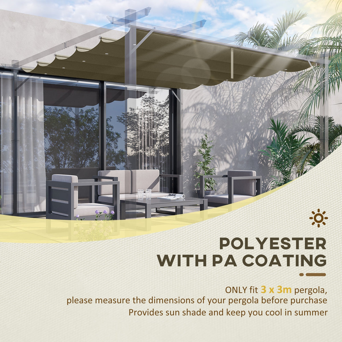Outsunny Retractable Pergola Cover, 2.55 x 2.5 m Replacement Canopy Fabric for 3 x 3 m Frame, Roof Top Only, Tan
