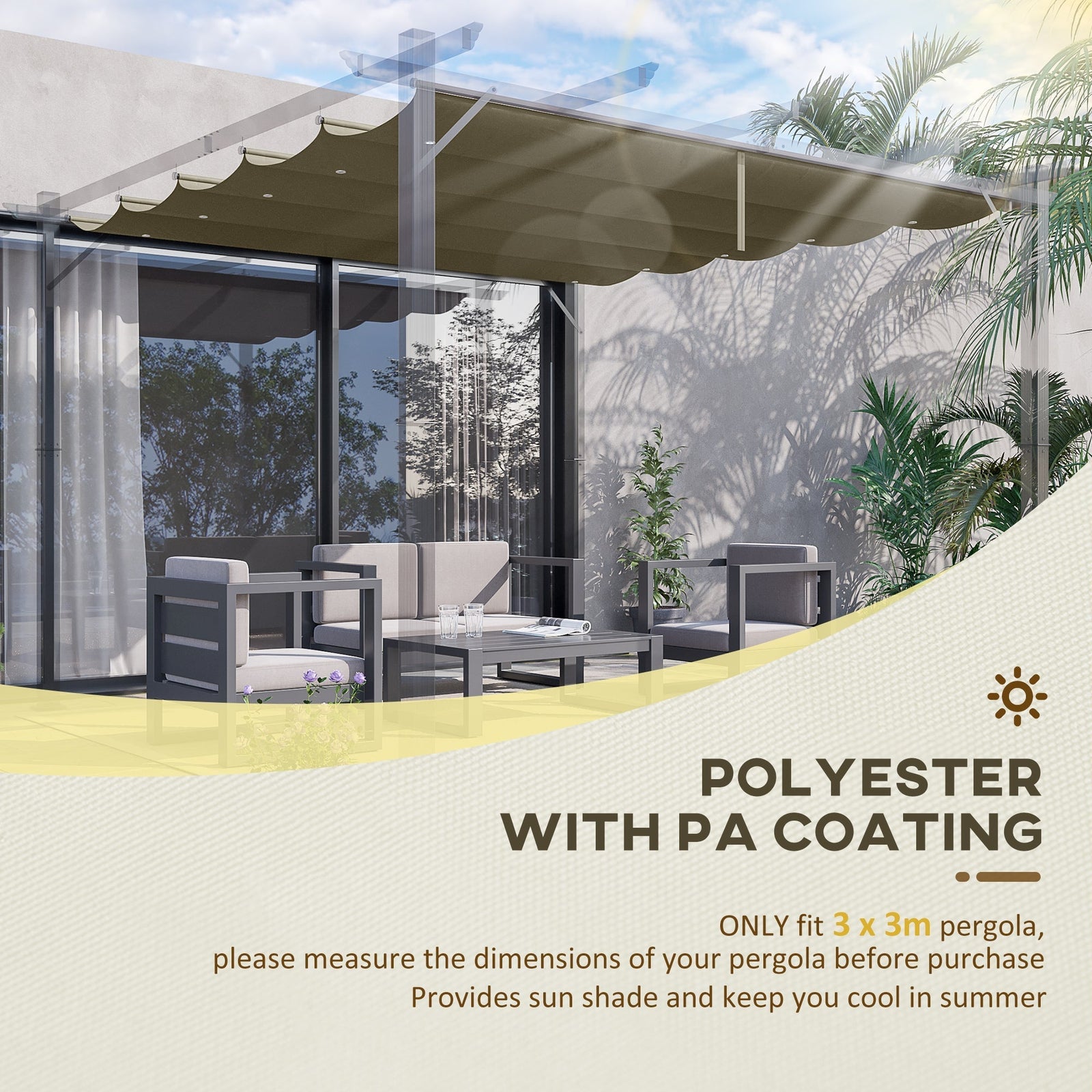 Outsunny Retractable Pergola Cover, 2.55 x 2.5 m Replacement Canopy Fabric for 3 x 3 m Frame, Roof Top Only, Tan