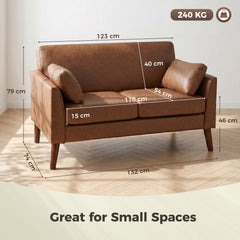 HOMCOM 2 Seater Sofa, 132 cm Modern Small Sofa with Solid Wood Legs and 2 Pillows for Small Space, Brown