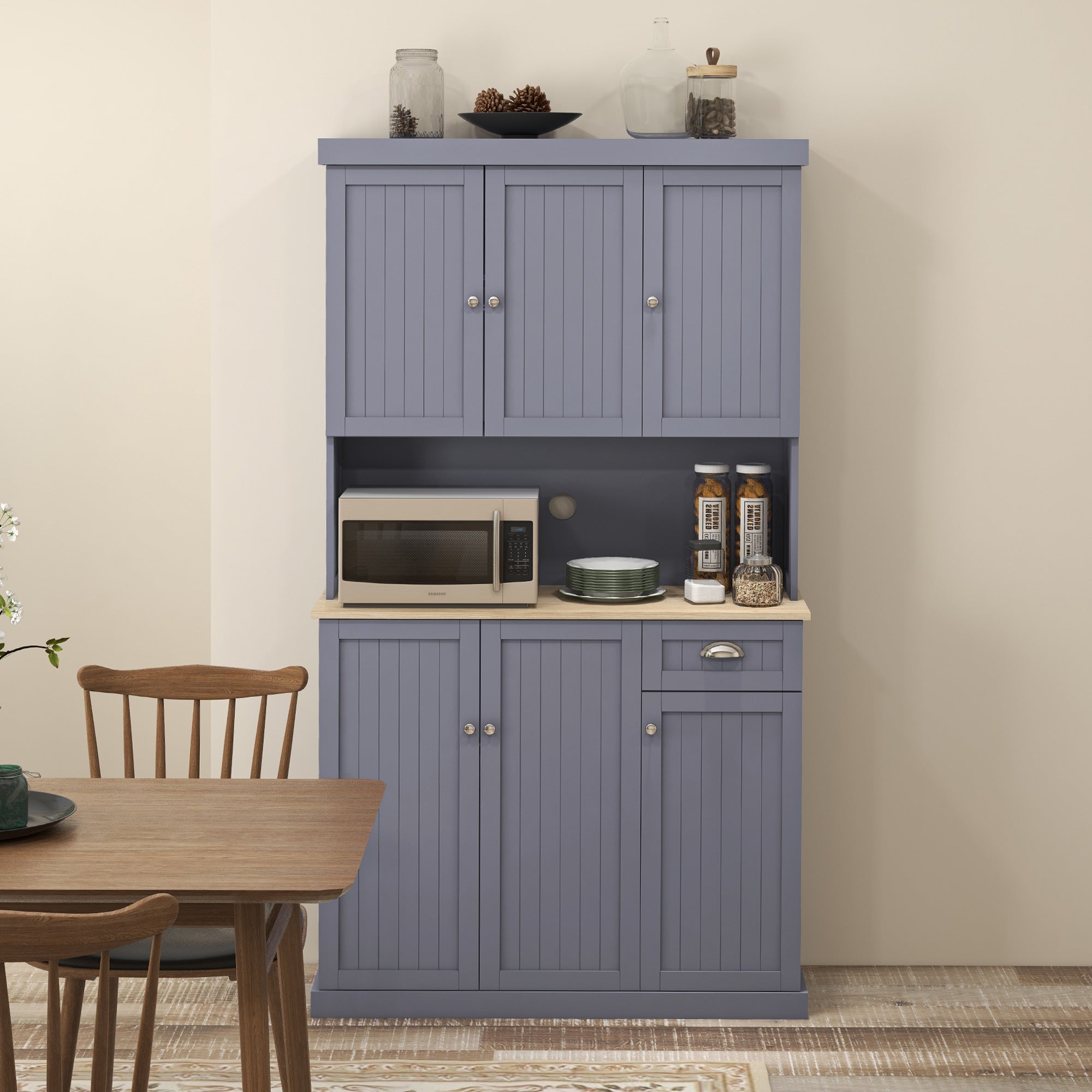 HOMCOM 180cm Freestanding Kitchen Cabinet, Modern Storage Cupboard with Open Countertop, Drawer and 6 Doors, Grey