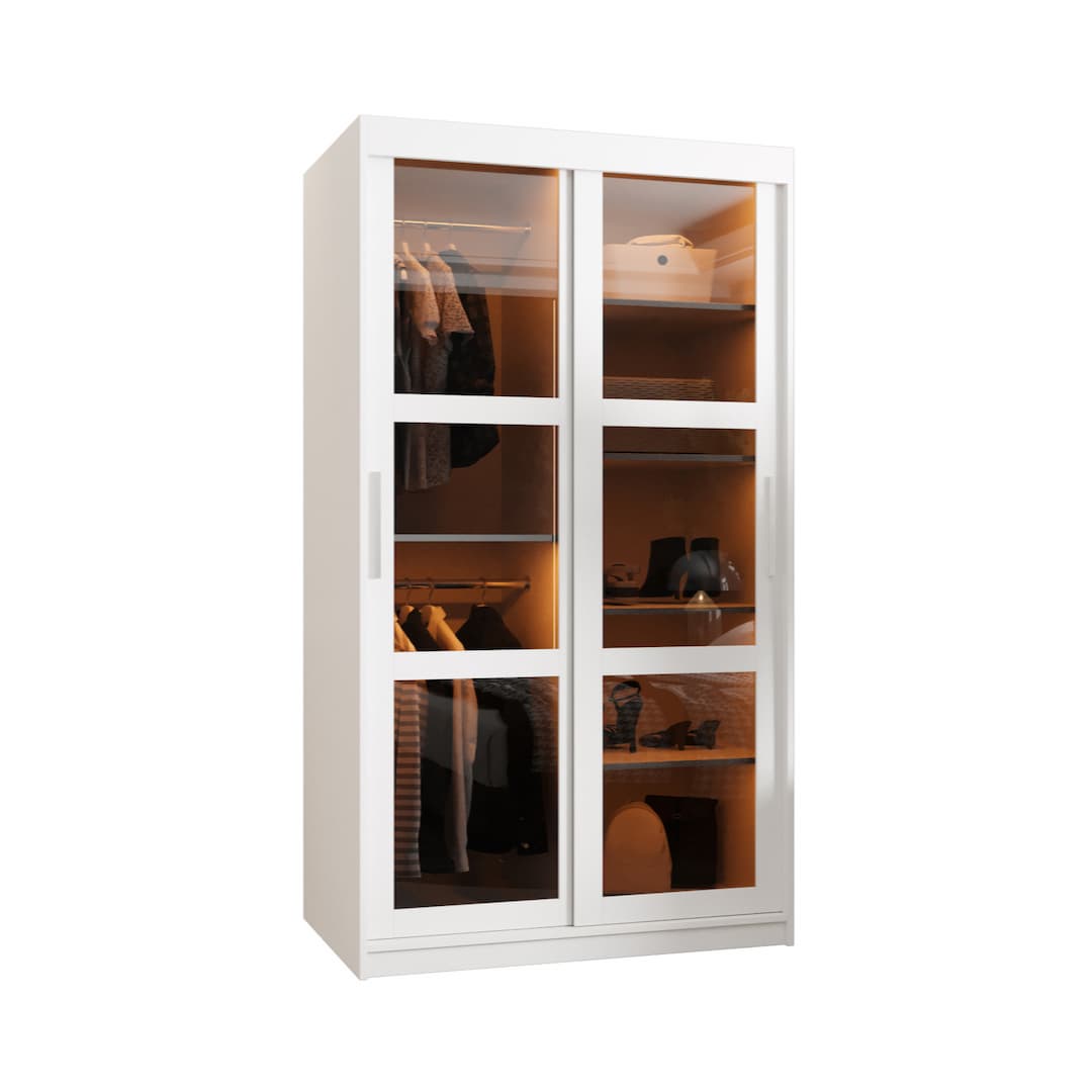 The sliding door wardrobe with glass doors showing clothes inside