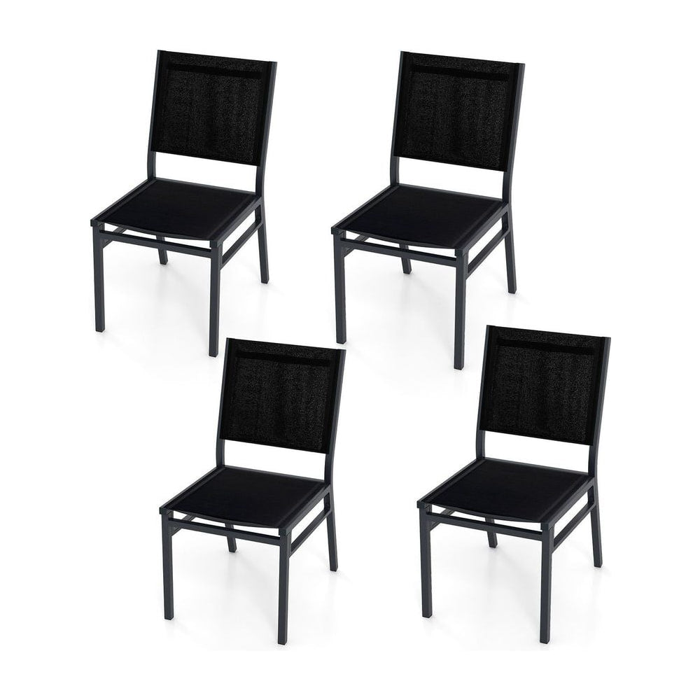 Patio Armless Chair with Breathable Seat and Backrest, a set of four black chairs with metal frames and mesh seats and backs
