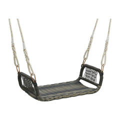 Patio Backless Rattan Swing Bench with Hanging Ropes, a grey and black woven seat with thick white ropes attached