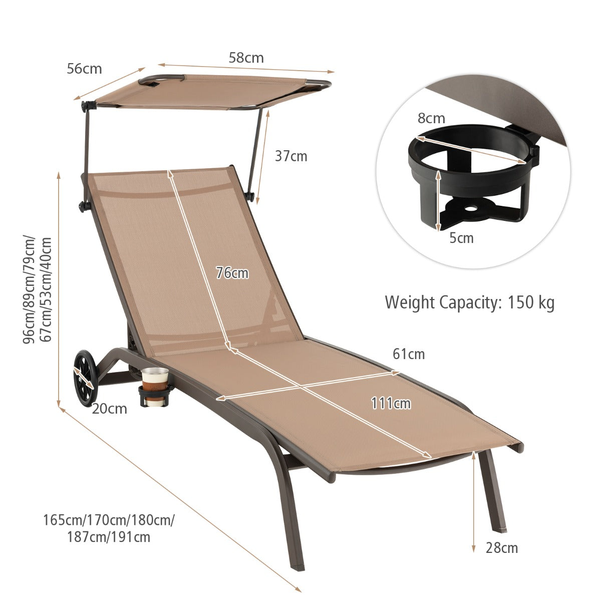Patio Chaise Lounge Chair with Wheels and Adjustable Canopy-Brown