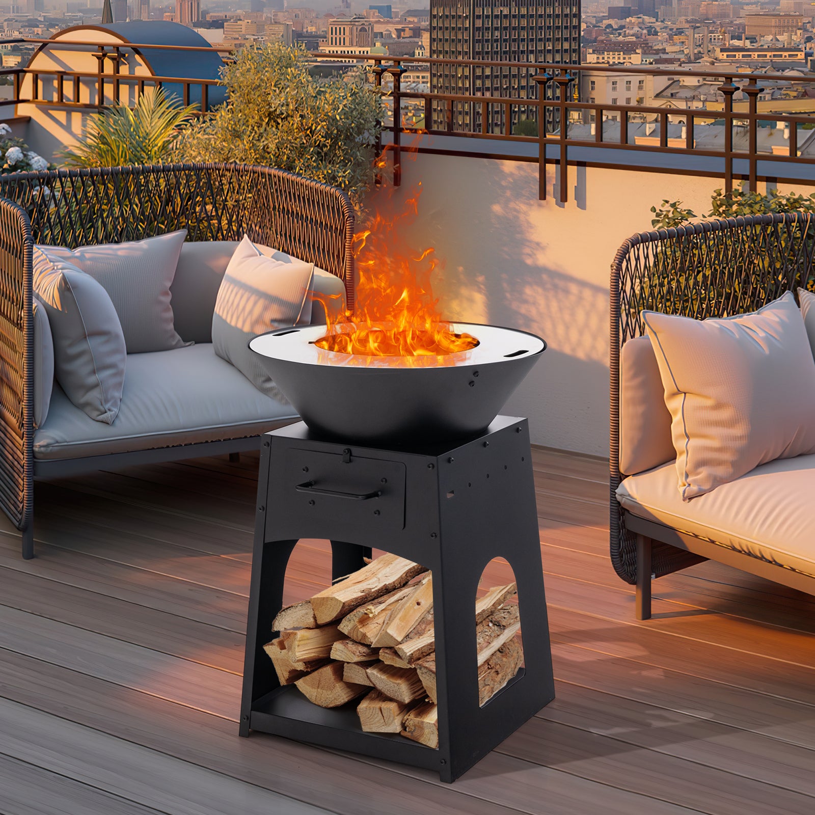 Heavy Duty Fire Pit With firewood rack and Fire Poker-Black