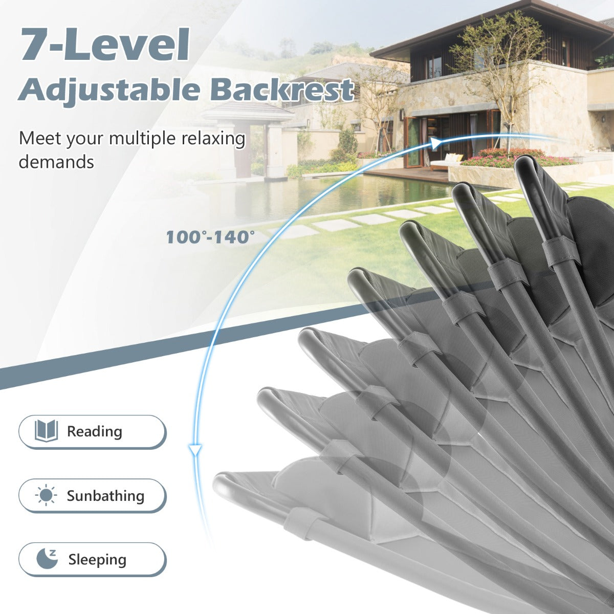 Patio Folding Chairs Set of 2 with Wide Armrests and 7-Level Backrest for Camping Backyard Garden-Grey