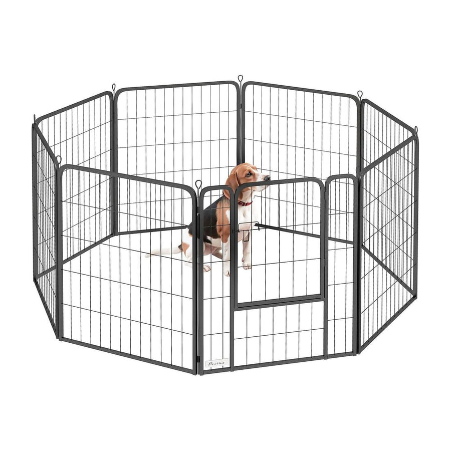 PawHut Eight-Panel Dog Playpen with Door, for Large Dogs, Indoors, Outdoors, 80cm Tall, Black