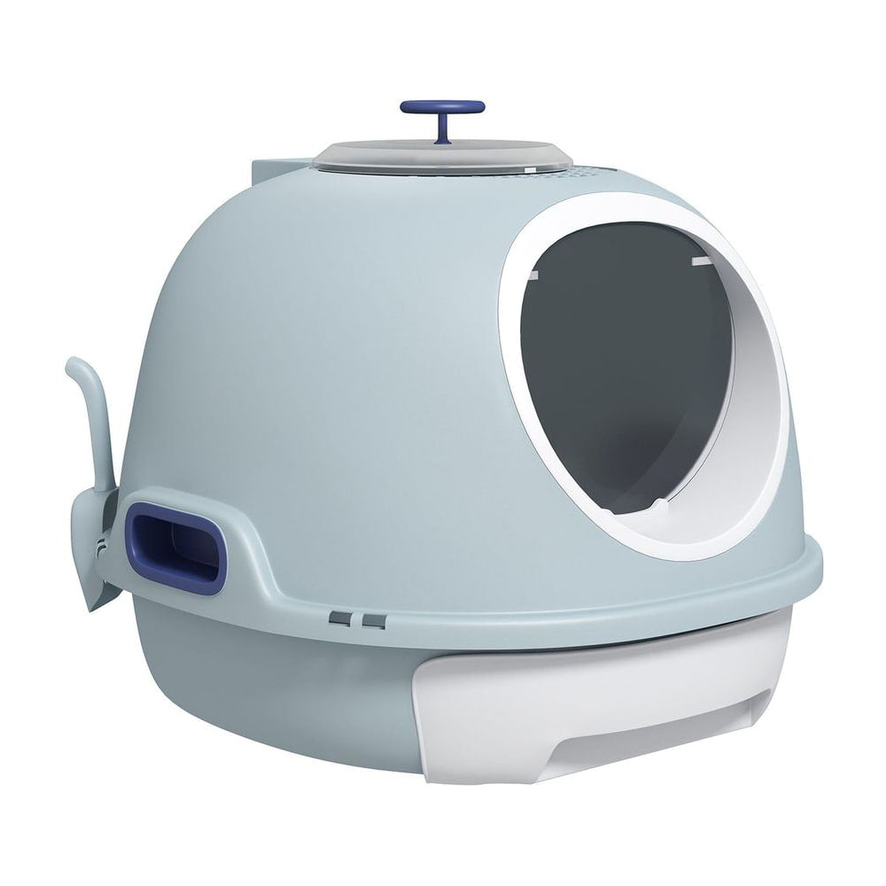PawHut Cat Litter Box Toilet with Litter Scoop Enclosed Drawer, Front Entry Top Exit, Easy To Clean Blue