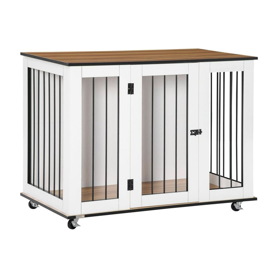 PawHut Dog Crate Furniture, Dog Cage End Table, with Wheels, for Large Dogs, 106 x 60 x 82 cm - White