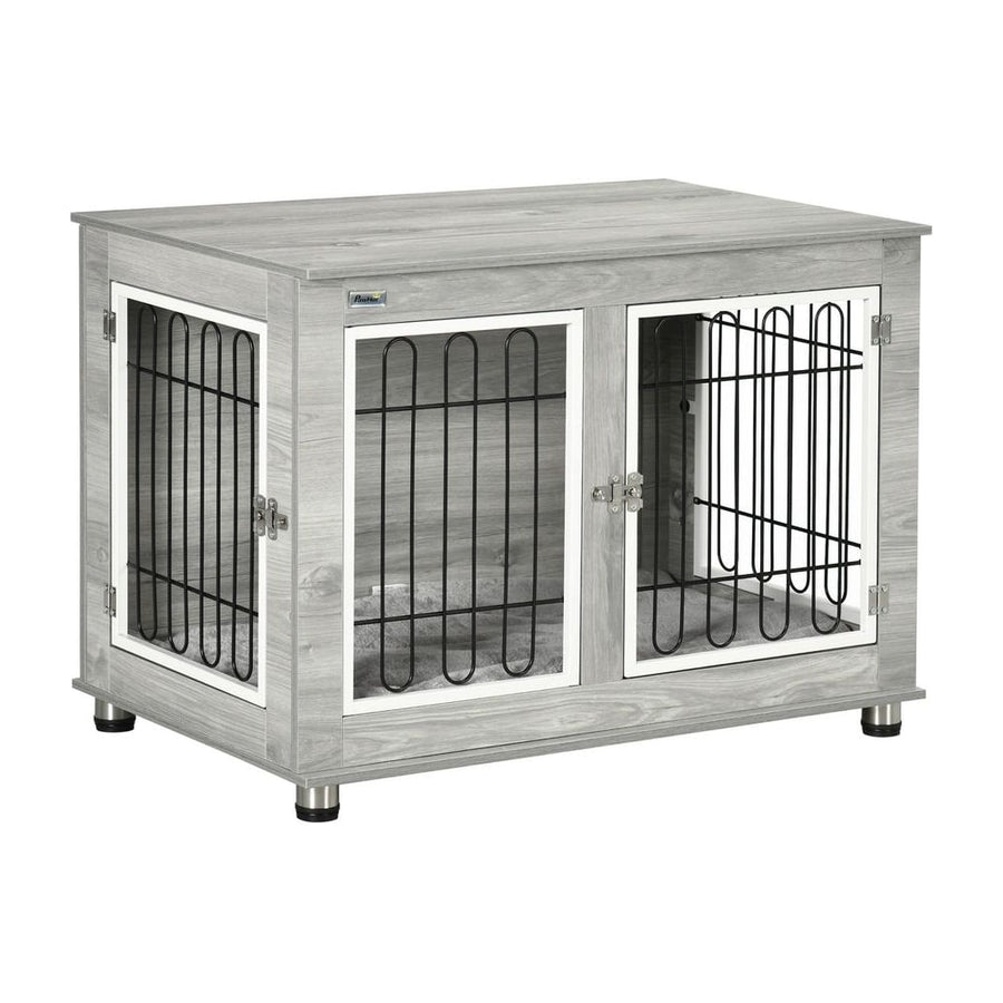 PawHut Dog Crate Furniture End Table, with Washable Cushion, Double Doors, for Medium/Large Dogs, Grey