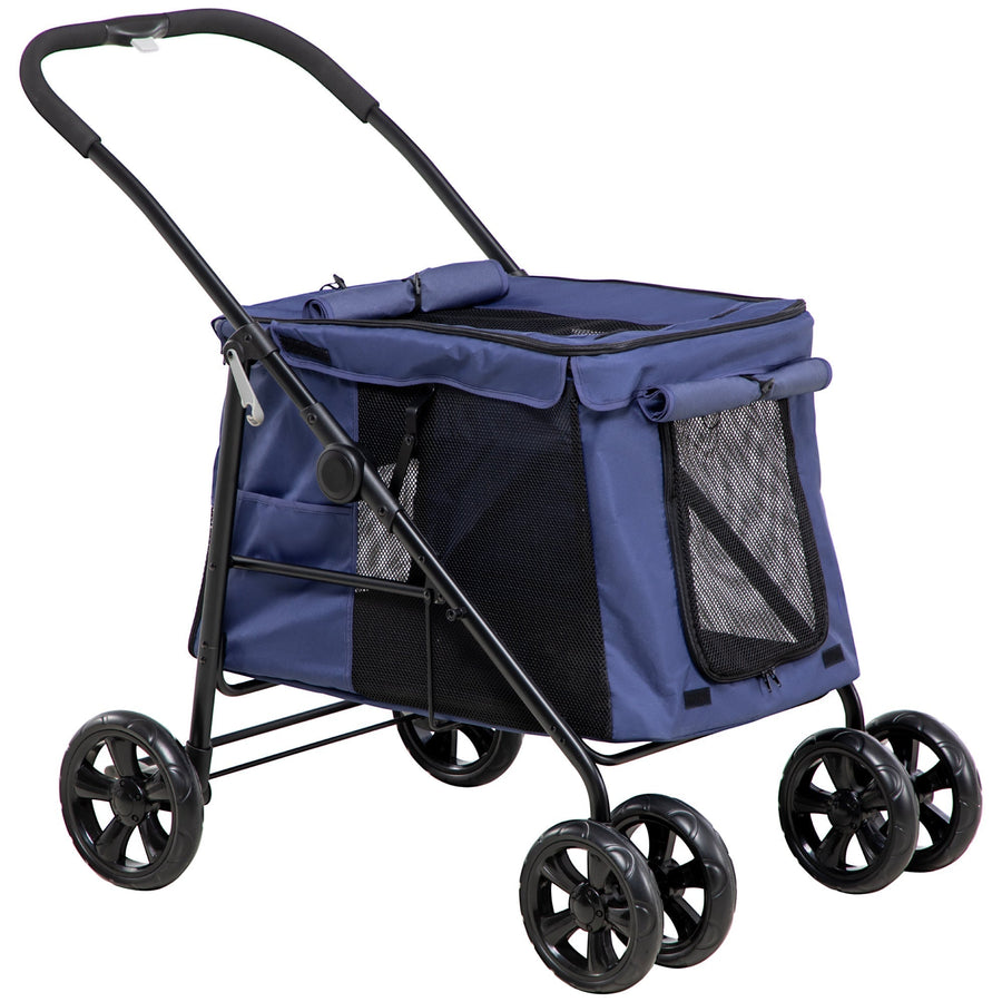 PawHut Dog Pram Dog Stroller 4 Wheels Pet Pushchair with Rolling Door, Cushion, Safety Leashes, for Small and Medium Dogs