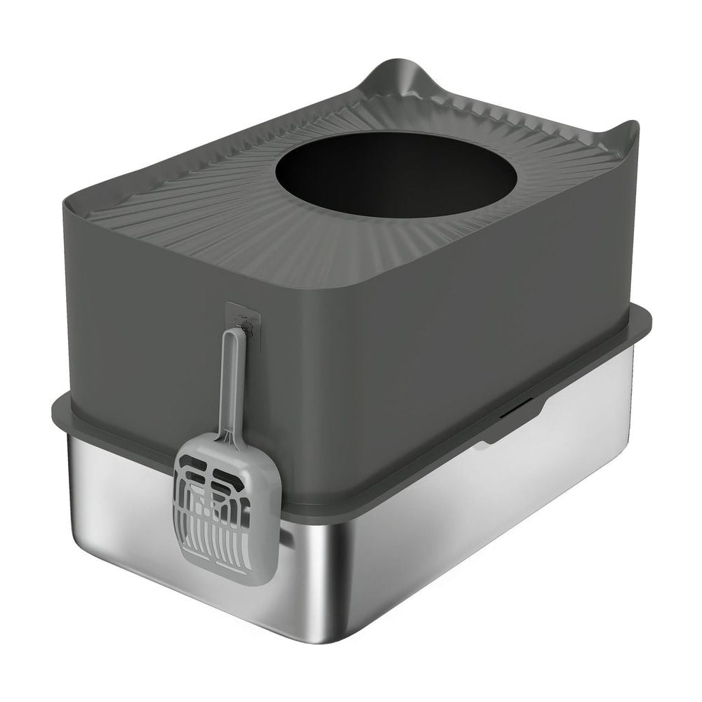 PawHut Stainless Steel Cat Litter Tray, Extra Large Enclosed Litter Box with Scoop, Top Entrance, Non-slip Pads, Dark Grey