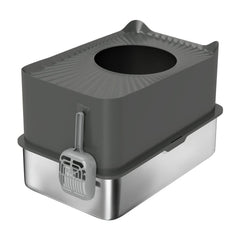 PawHut Stainless Steel Cat Litter Tray, Extra Large Enclosed Litter Box with Scoop, Top Entrance, Non-slip Pads, Dark Grey
