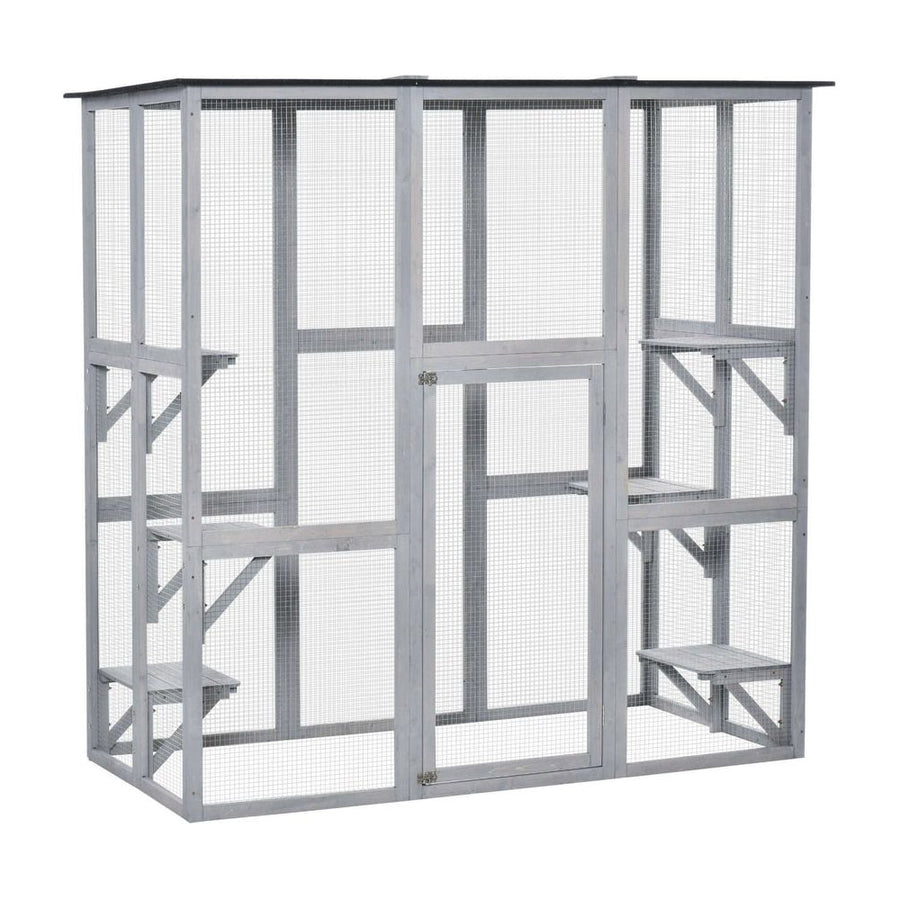 PawHut Wooden Catio Cat Outdoor Enclosure, Cat Cage with Waterproof Roof, Platforms, for Multiple Kittens, 180 x 98 x 180 cm