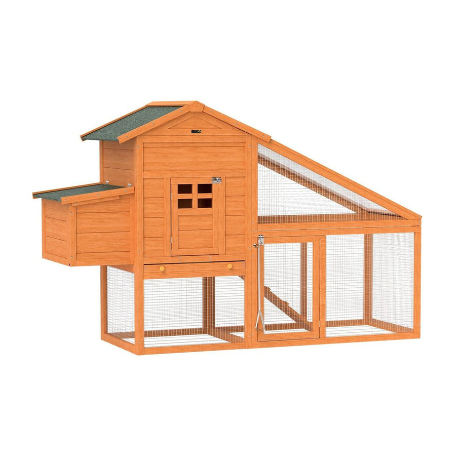 PawHut Wooden Chicken Coop with Run, Nesting Box, Slide-out Tray, Ramp, Perches, Asphalt Roof, 179 x 67 x 115cm