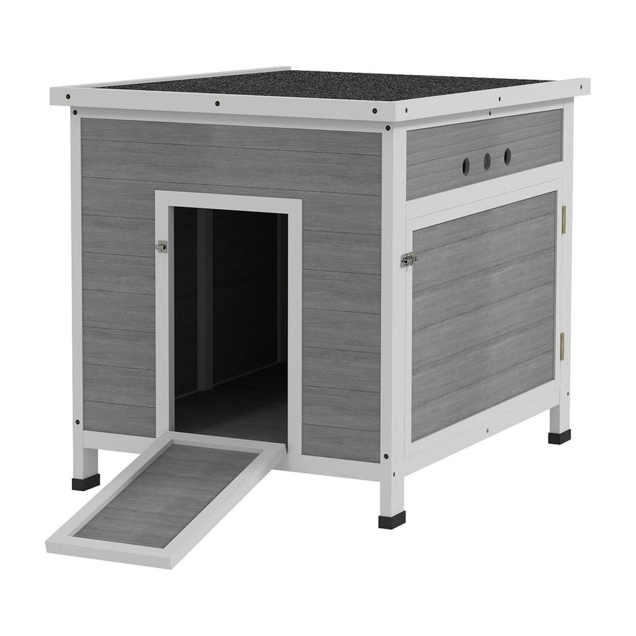 PawHut Wooden Duck House with Ramp, Double Doors, Openable Asphalt Roof, Ventilation Holes, Removable Base, Light Grey
