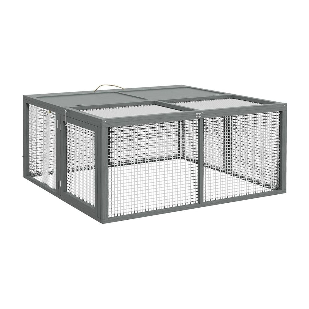 PawHut Folding Rabbit Run shown in grey with wire mesh panels and a secure top lid