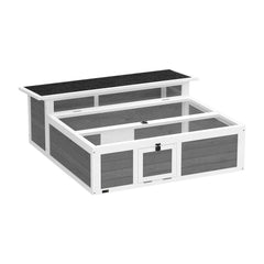PawHut Wooden Tortoise House, a grey and white wooden tortoise enclosure with a black roof and mesh panels