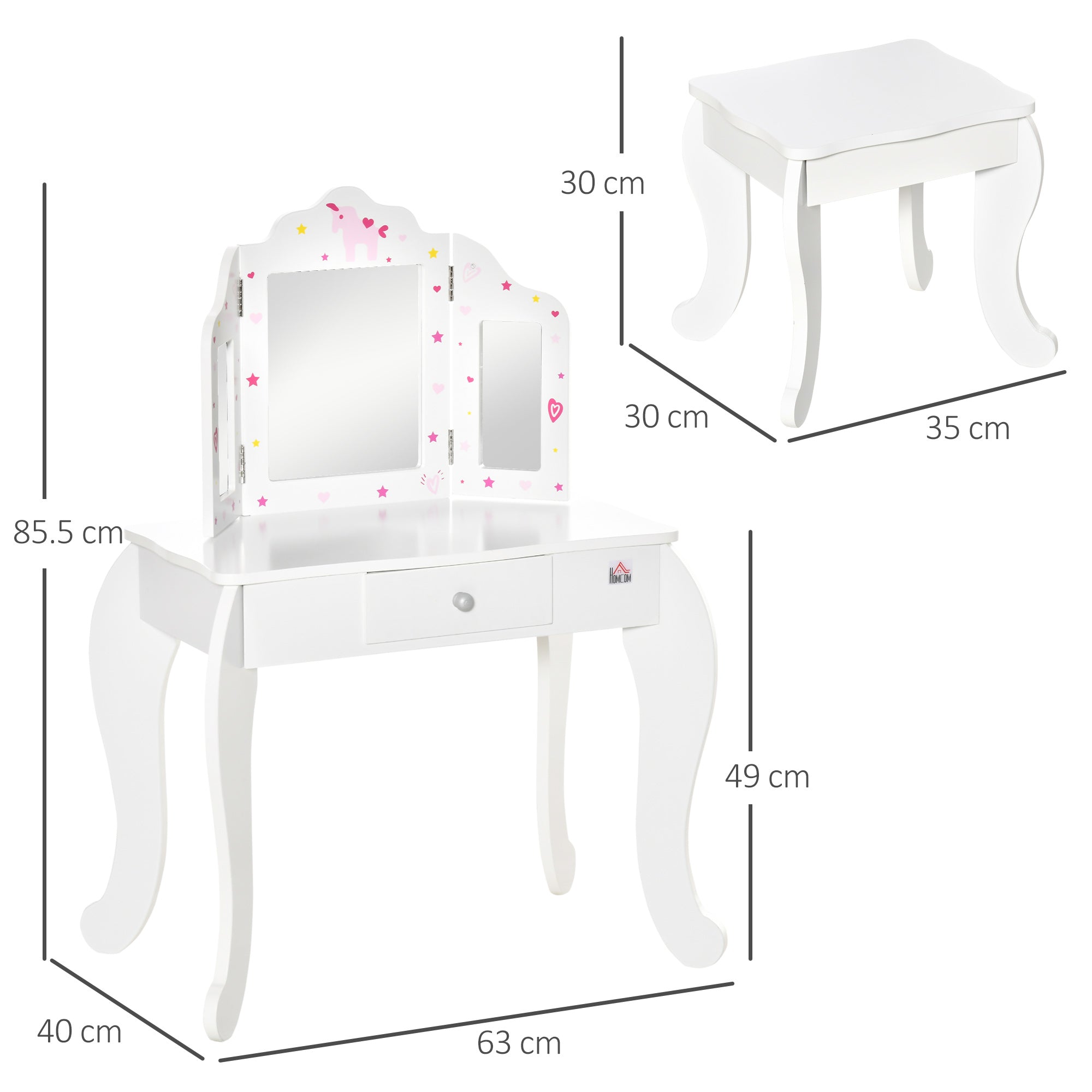 HOMCOM Kids Vanity Table and Chair Set with Tri-Folding Mirror and Stool, Makeup Dressing Table with Drawer, White