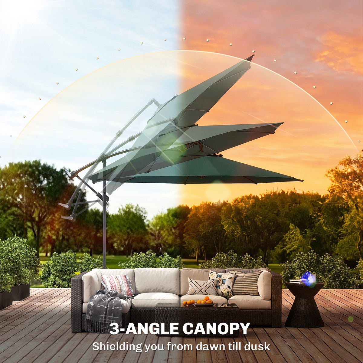 Outsunny 3 m Overhanging Cantilever Parasol, with Cross Base - Dark Green