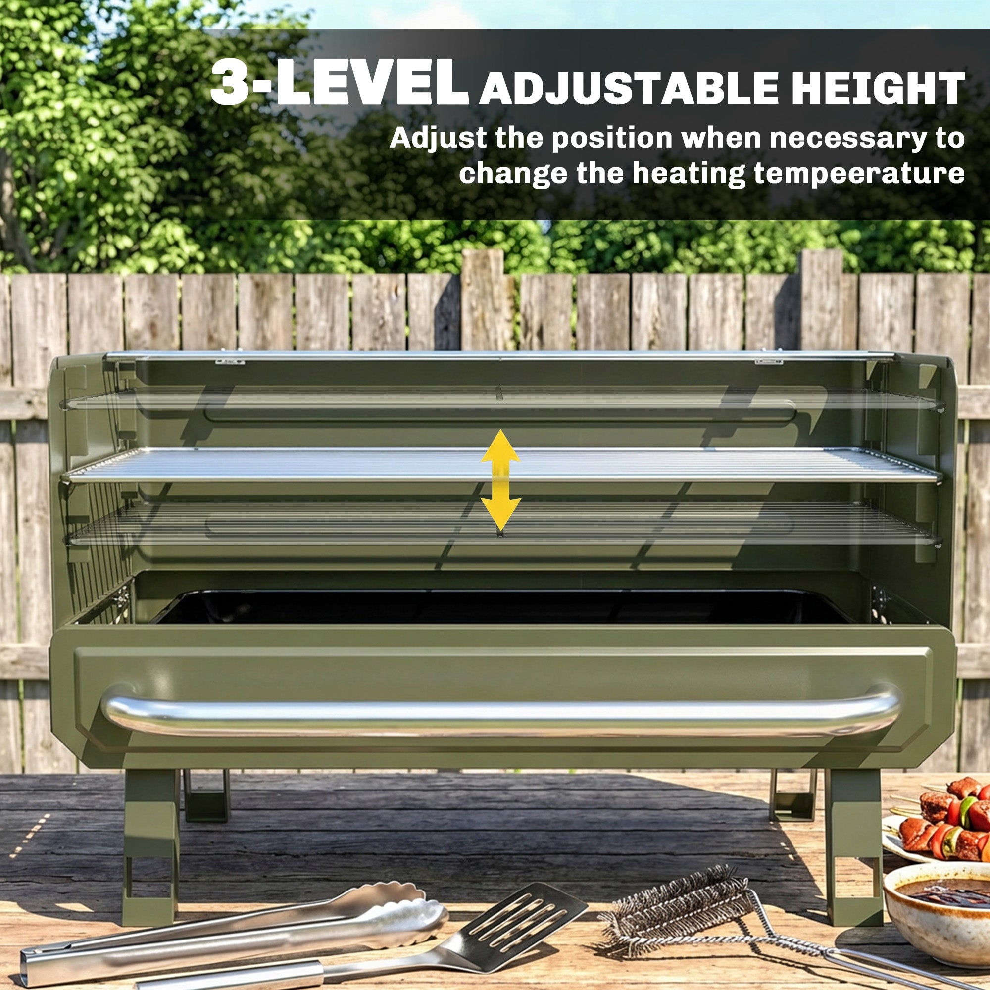 Outsunny Portable BBQ Grill, Charcoal Barbecue Grill with Adjustable Grates, Foldable Legs, Side Shelf for Camping Travel, Green