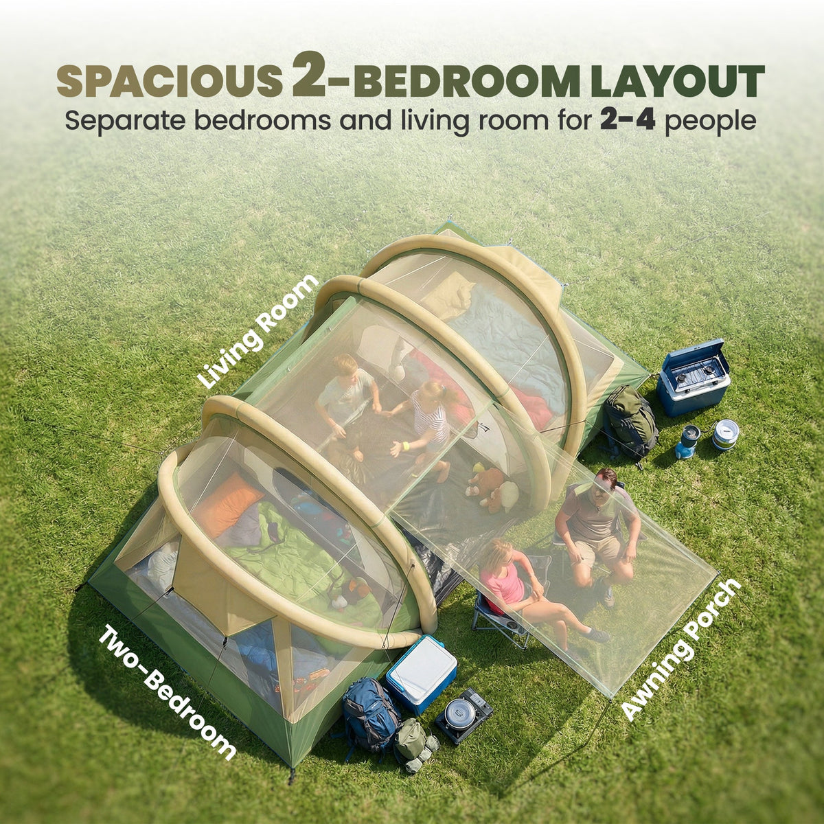 Outsunny Inflatable Tent 2 Bedroom 3000mm Waterproof Windproof Air Tent with Carry Bag for 4 Person