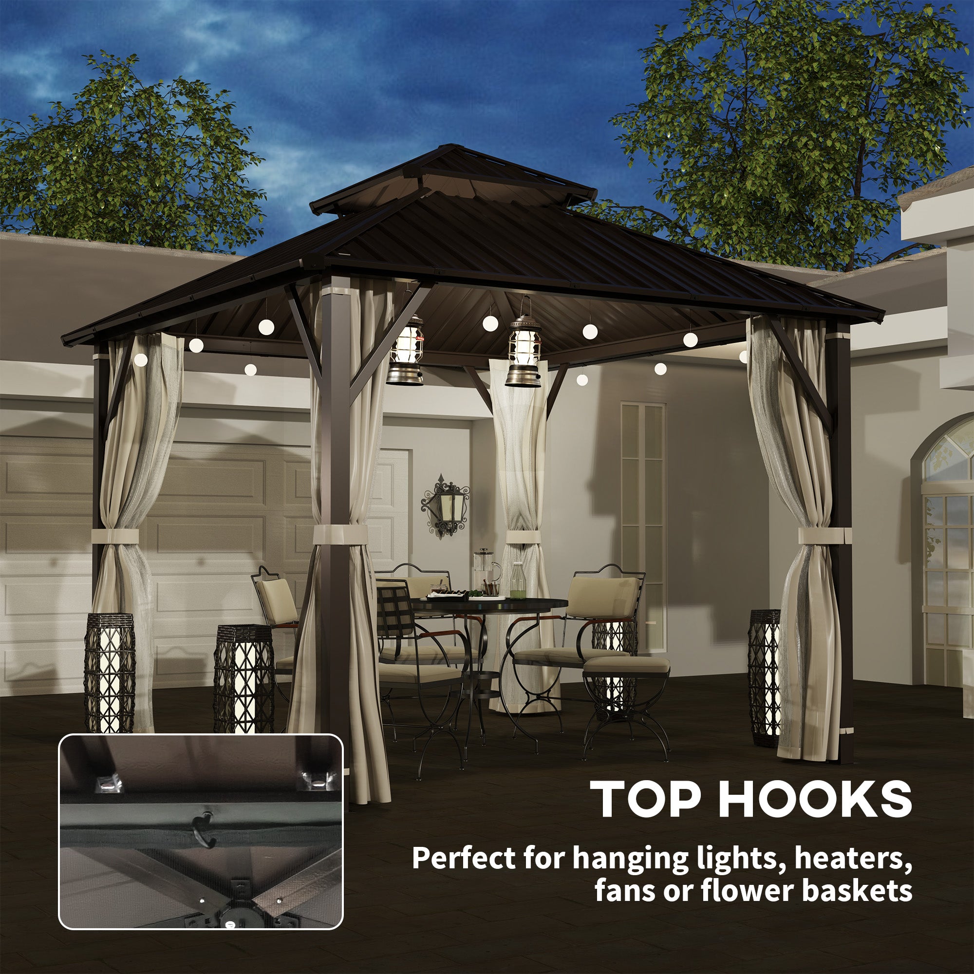 Outsunny 3 x 3(m) Hardtop Gazebo Canopy with Double Metal Roof, Waterproof Permanent Pavilion Garden Gazebo with Netting and Curtains, Easy to Assemble