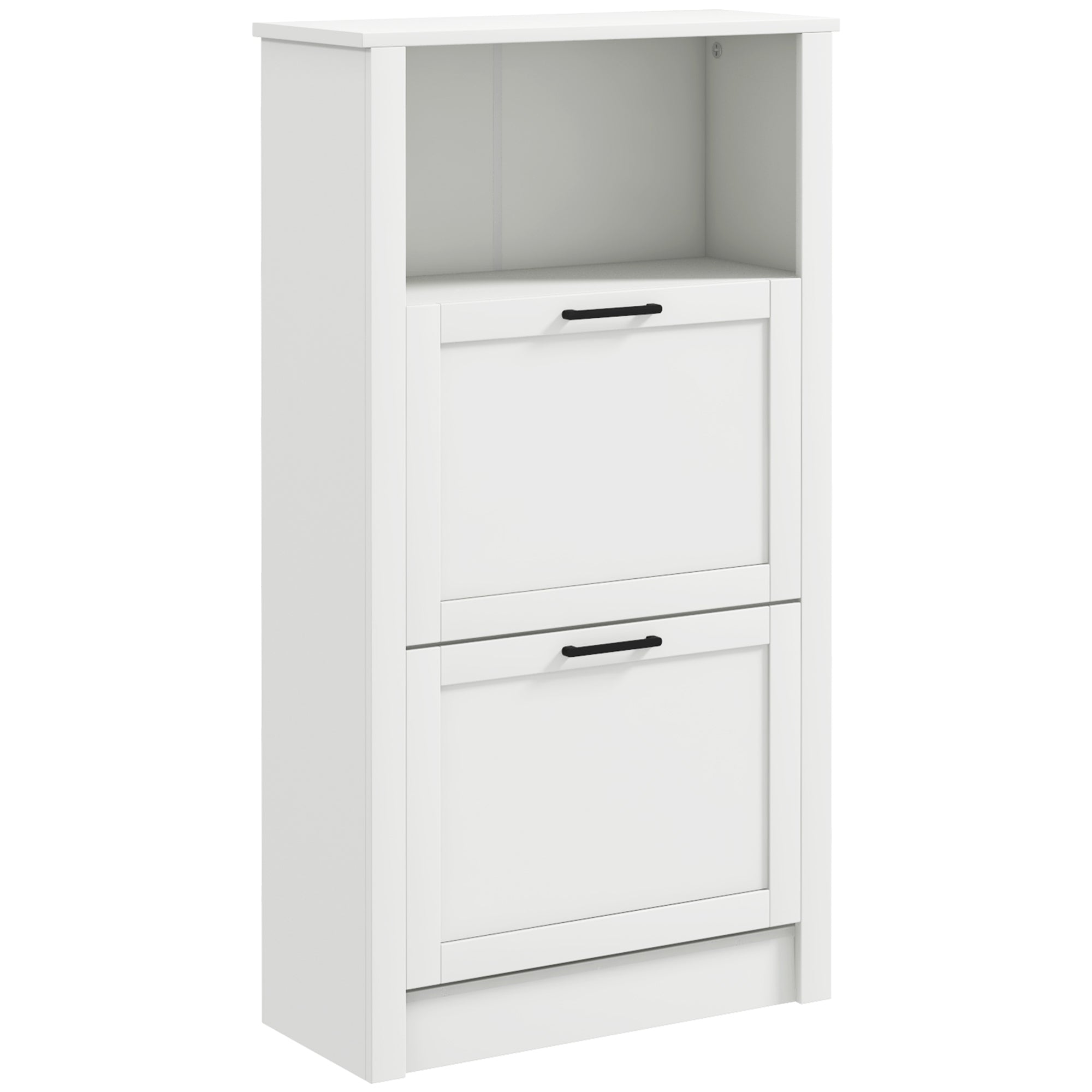 HOMCOM Modern Shoe Cabinet with 2 Flip Drawers and Adjustable Shelves, Narrow Shoe Storage Cabinet with Open Compartment, Holds 10 Pairs for Entryway, Hallway, White