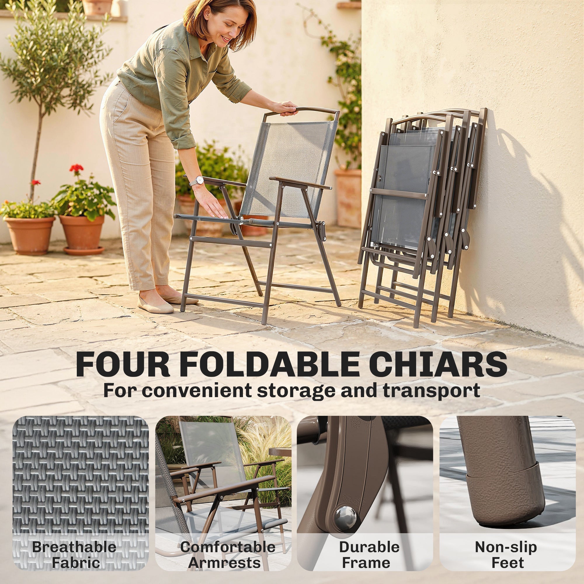 Outsunny 6 Piece Garden Dining Set with Umbrella, Patio Sets with Parasol, 4 Folding Dining Chairs, Dark Grey