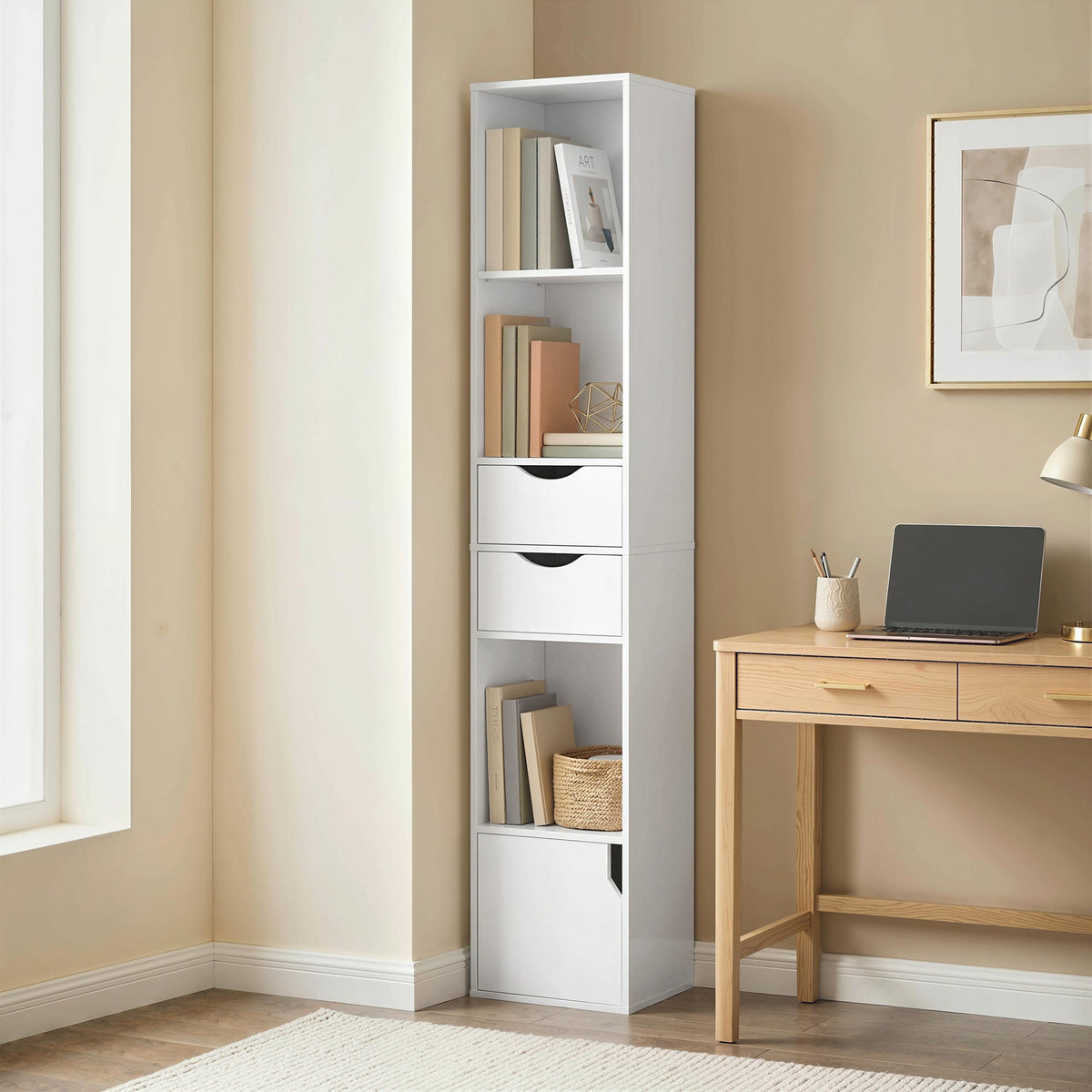 HOMCOM Bookcase with Drawers Adjustable Shelf Bookshelf with 2 Drawers and Cabinet 158 cm White