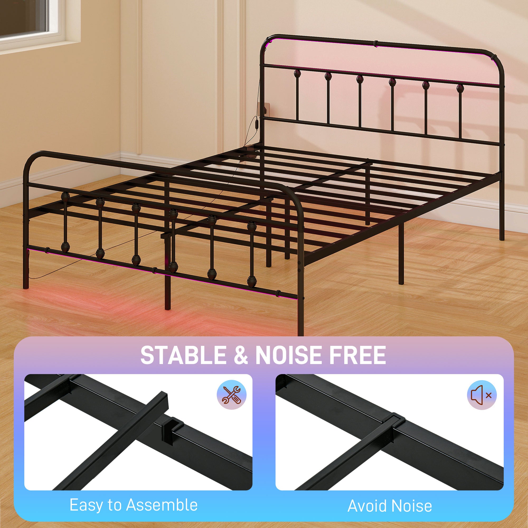HOMCOM King Bed Frame with LED Lights and Charging Station, Metal Platform Bed Frame with Under Bed Storage, Black