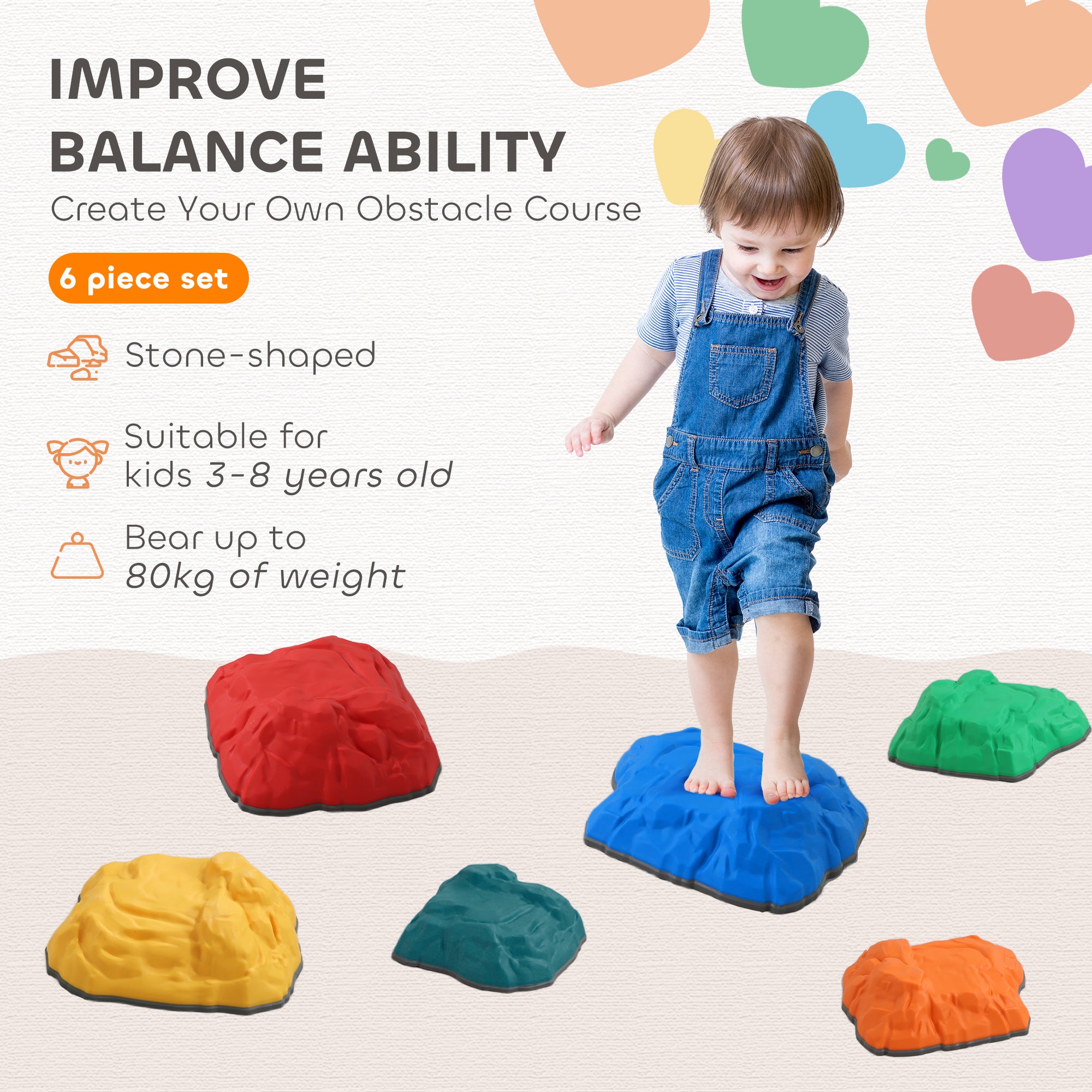 AIYAPLAY Balance Stepping Stones for Kids with Non-Slip Bottom, Indoor Outdoor Obstacle Course for Ages 3-8 Years, Multicoloured