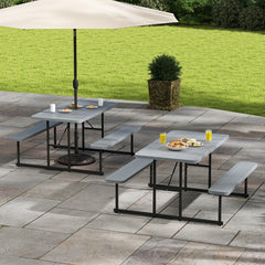 Outdoor Rectangular Camping Dining Table and 2 Benches with Umbrella Hole-Grey