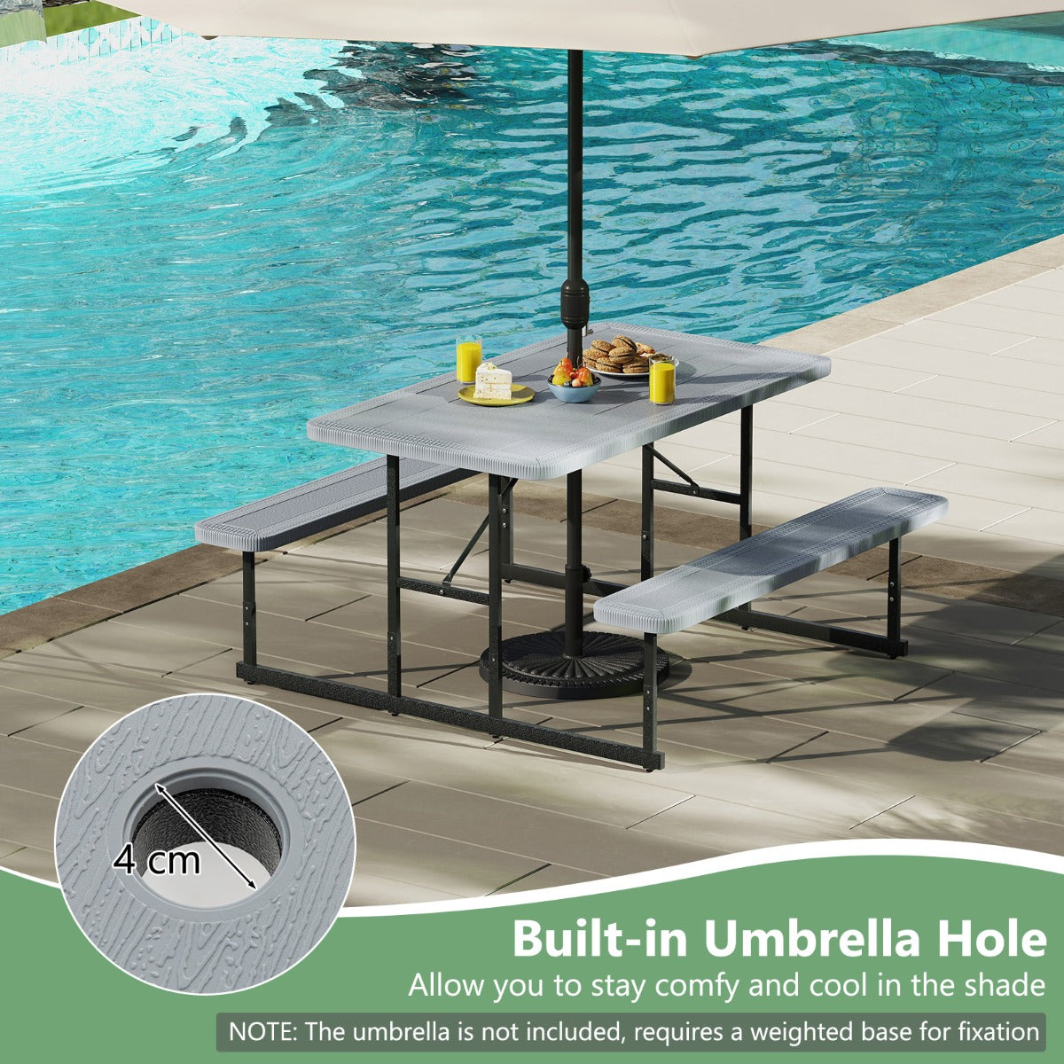 Outdoor Rectangular Camping Dining Table and 2 Benches with Umbrella Hole-Grey
