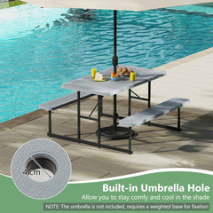 Outdoor Rectangular Camping Dining Table and 2 Benches with Umbrella Hole-Grey
