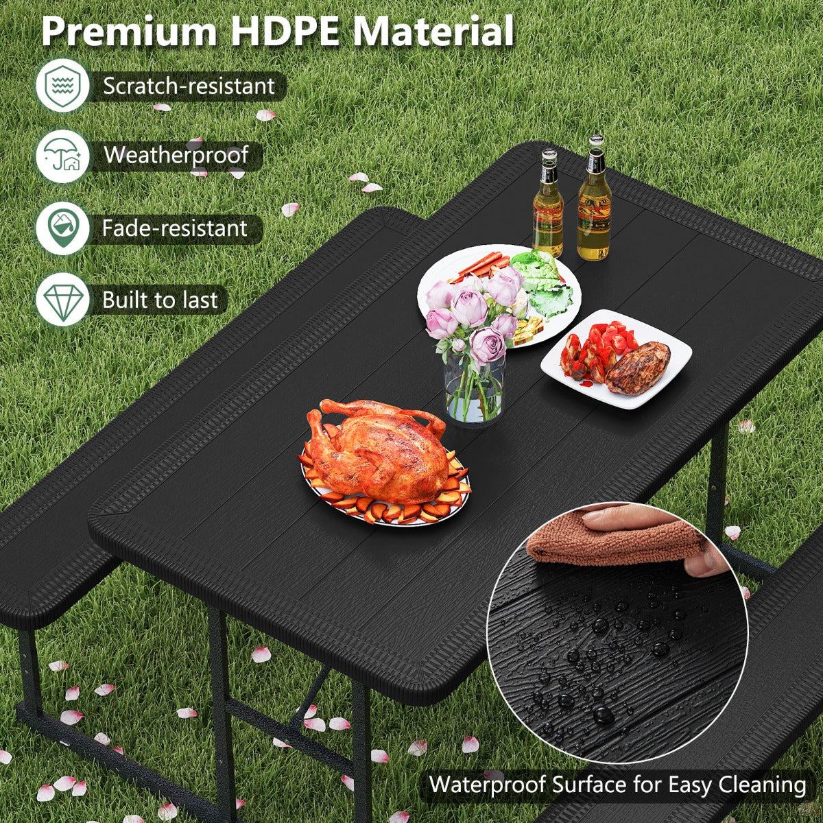 Outdoor Rectangular Camping Dining Table and 2 Benches with Umbrella Hole-Black