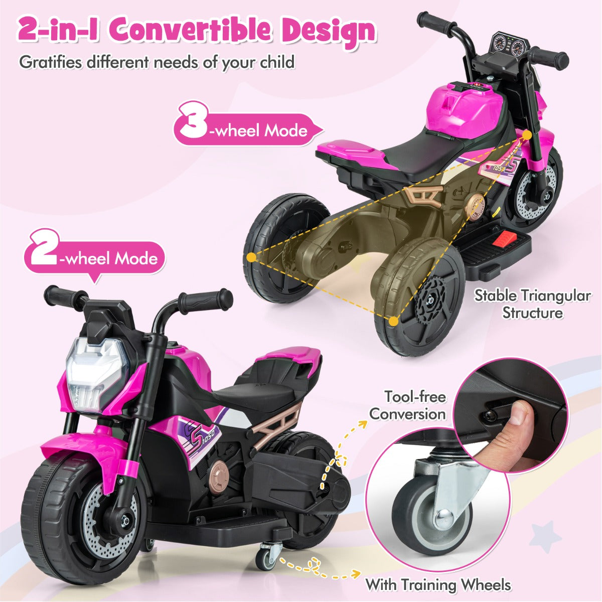6V Kids Ride-on Motorcycle with 2-wheel/3-wheel Conversion & Detachable Training Wheels-Pink