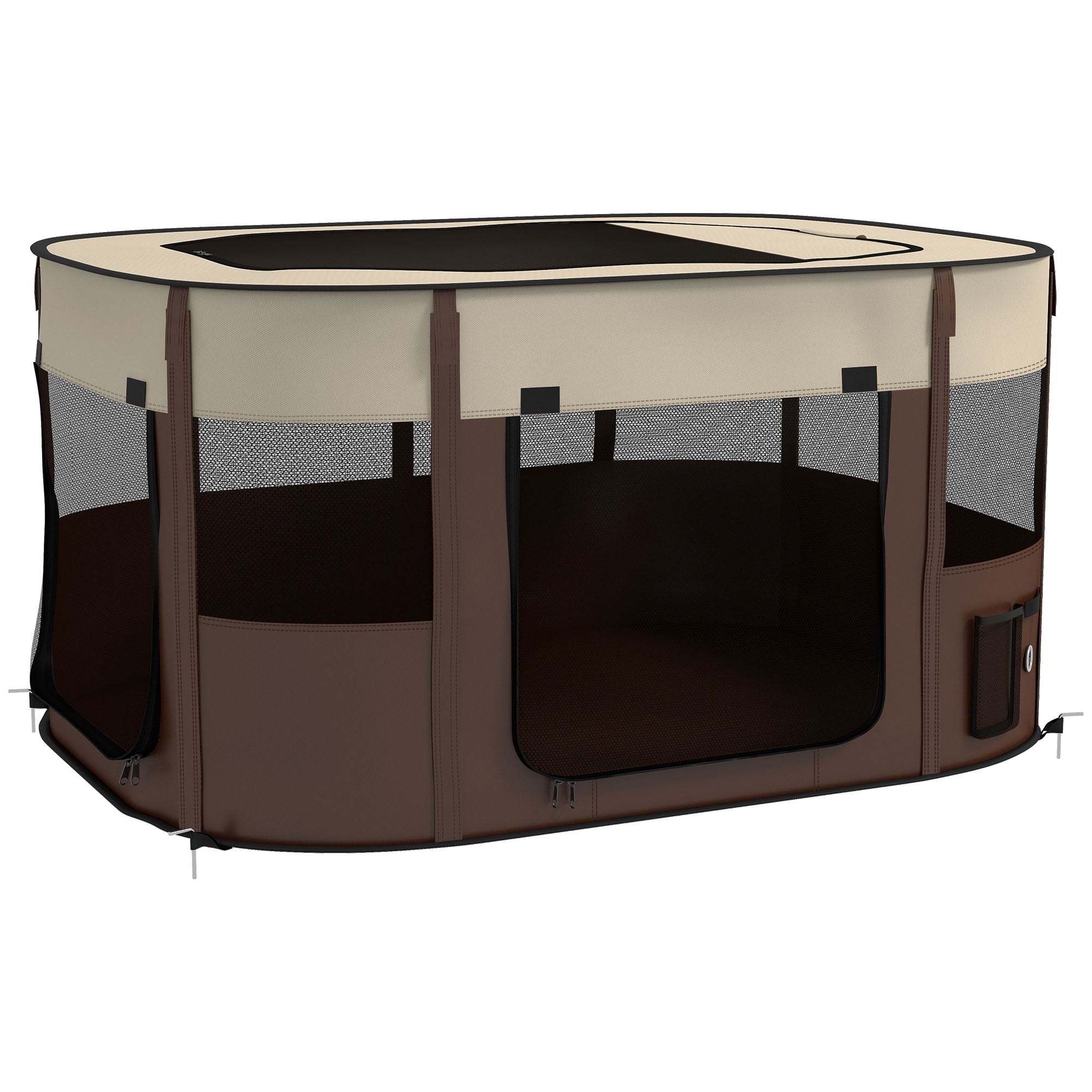 PawHut Foldable Dog Pen with Storage Bag for Indoor/Outdoor Use, Portable Pet playpen, with Ground Stakes - Brown