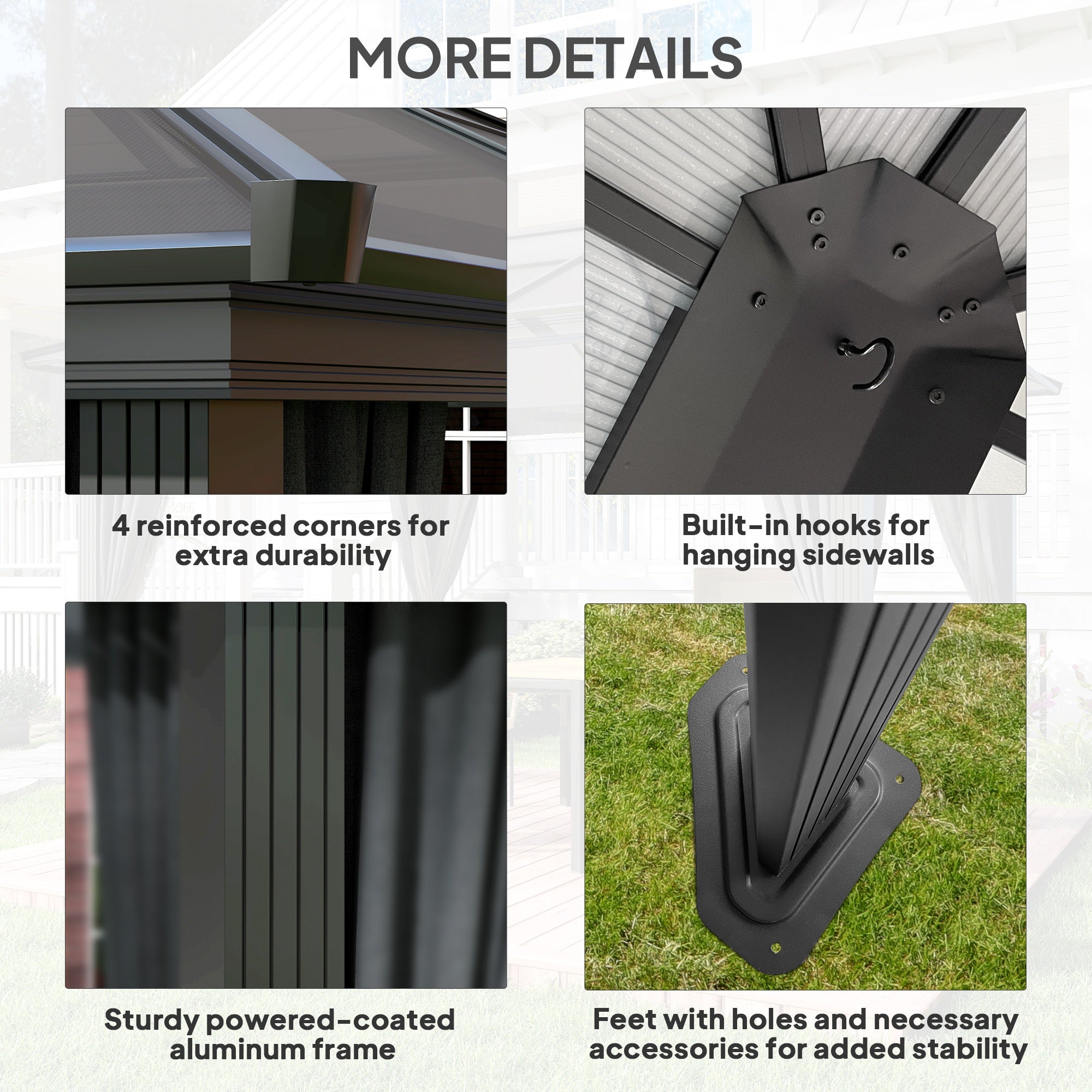 Outsunny 3 x 3.6m Hardtop Gazebo Canopy with Polycarbonate Roof, Aluminium Frame, Permanent Pavilion Garden Gazebo with Netting and Curtains for Patio, Deck, Dark Grey